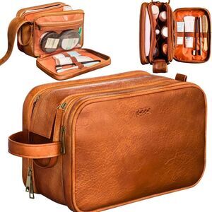 Leather Toiletry Bag for Men Women Spacious Toiletry Travel Bag Brown New